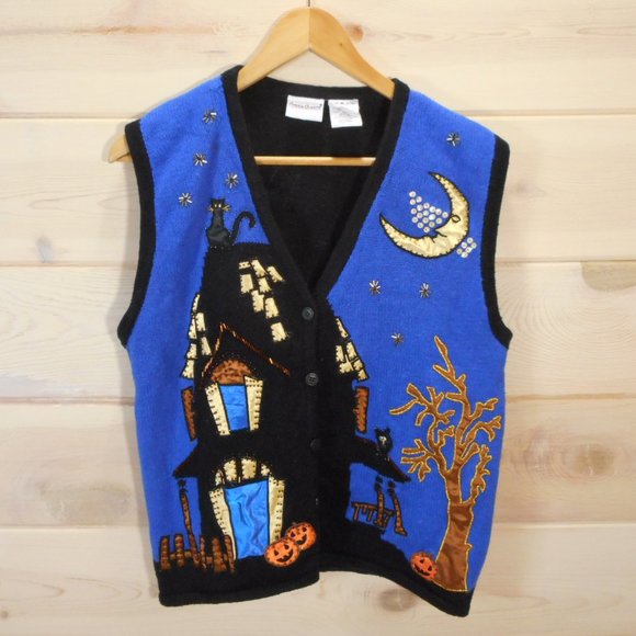 Bobbie Brooks Sweaters - Vintage Halloween Vest Women’s XL Haunted House Pumpkins Cat Bobbie Brooks